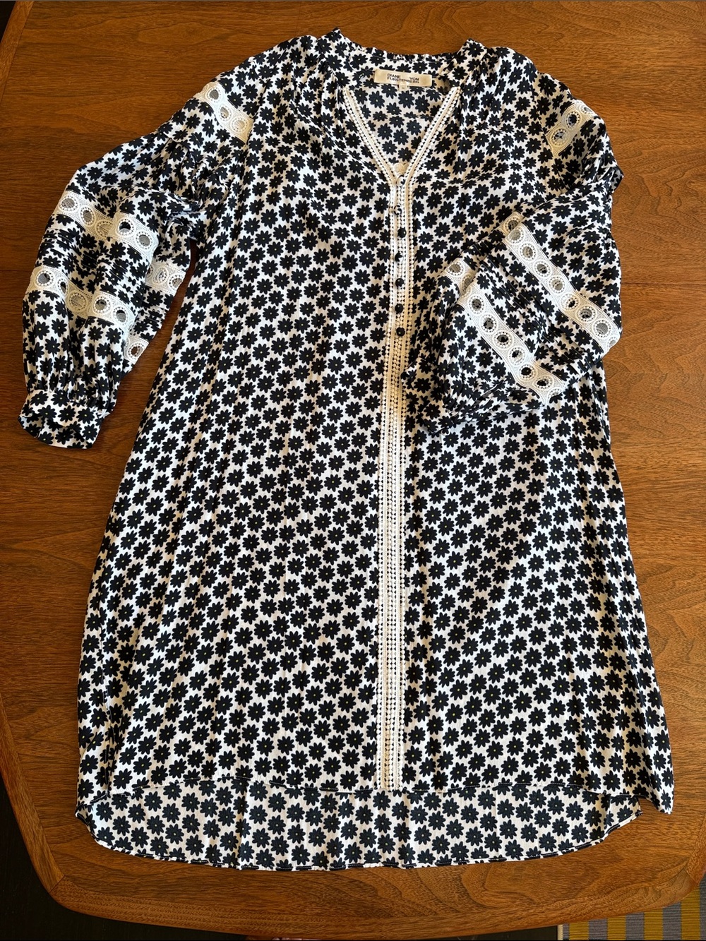 Diane Von Furstenberg Blue and White Floral-Trim Tunic Dress